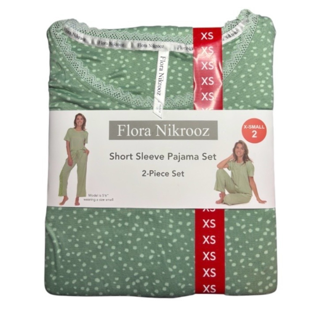 Flora Nikrooz Women Knit Green/Light Green Dot Short Sleeve Pajama Set Pockets 😍
